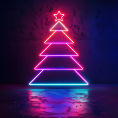 Glow neon Christmas tree on dark cement wall, blinking fir tree light sign, interior night club,...