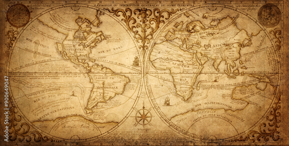 Poster old geographical map of the world of the 18 century. collage. a good background for design on the th
