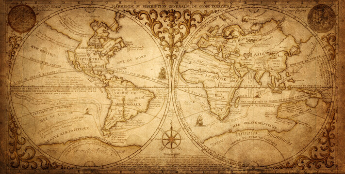 Old geographical map of the world of the 18 century. Collage. A good background for design on the theme of travel, geography, history, voyage, etc. Ancient map background.