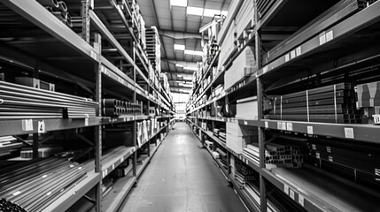 A warehouse with shelves full of metal pipes