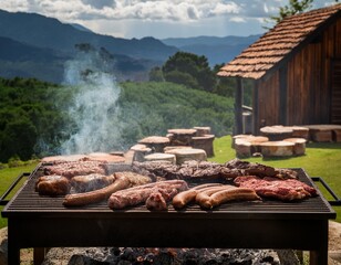 Argentinian asado grill filled with an assortment of meats, embers glowing parilla