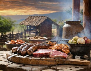 Argentinian asado grill filled with an assortment of meats, embers glowing parilla