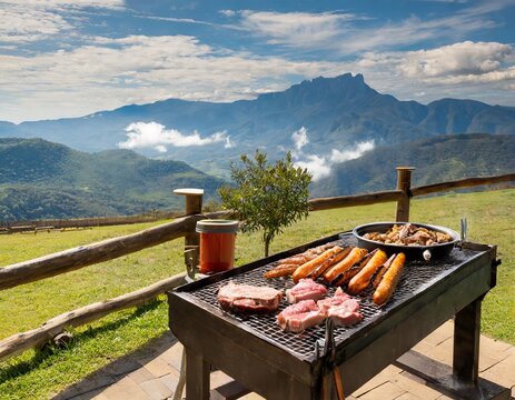 Argentinian asado grill filled with an assortment of meats, embers glowing parilla