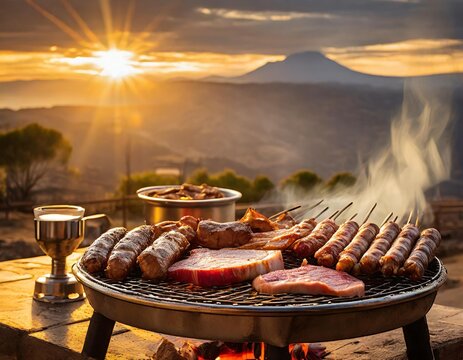 Argentinian asado grill filled with an assortment of meats, embers glowing parilla