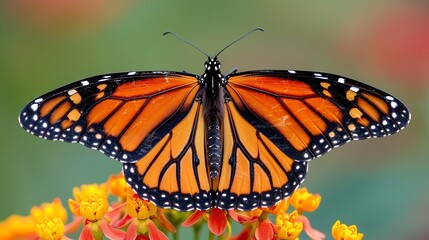 Close-up of a beautiful monarch butterfly with vibrant orange wings, perched on bright yellow flowers in a summer garden.