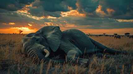 Fototapeta premium Elephant resting in a vast savanna under a dramatic sunset sky, capturing the essence of wildlife and nature's beauty at dusk.