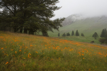 Vibrant red poppies dance in a sea of green grass under a boundless blue sky, painting a breathtaking rural landscape