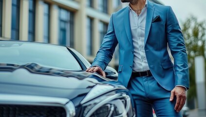 A business man in a blue suit standing next to a luxury car. Generative ai.
