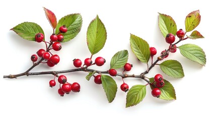 A vibrant branch featuring red berries and green leaves, perfect for nature, seasonal themes, or botanical illustrations.