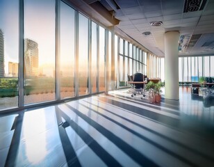 Fototapeta premium Beautiful blurred background of a light modern office interior with panoramic windows
