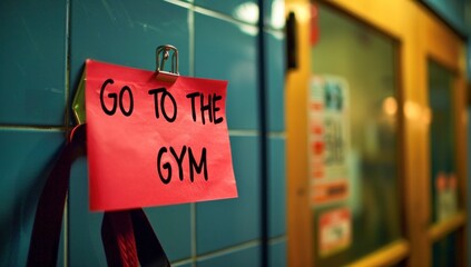 A photo of the text GO TO THE GYM on a red sticky note attached to a refrigerator door. Generative ai.