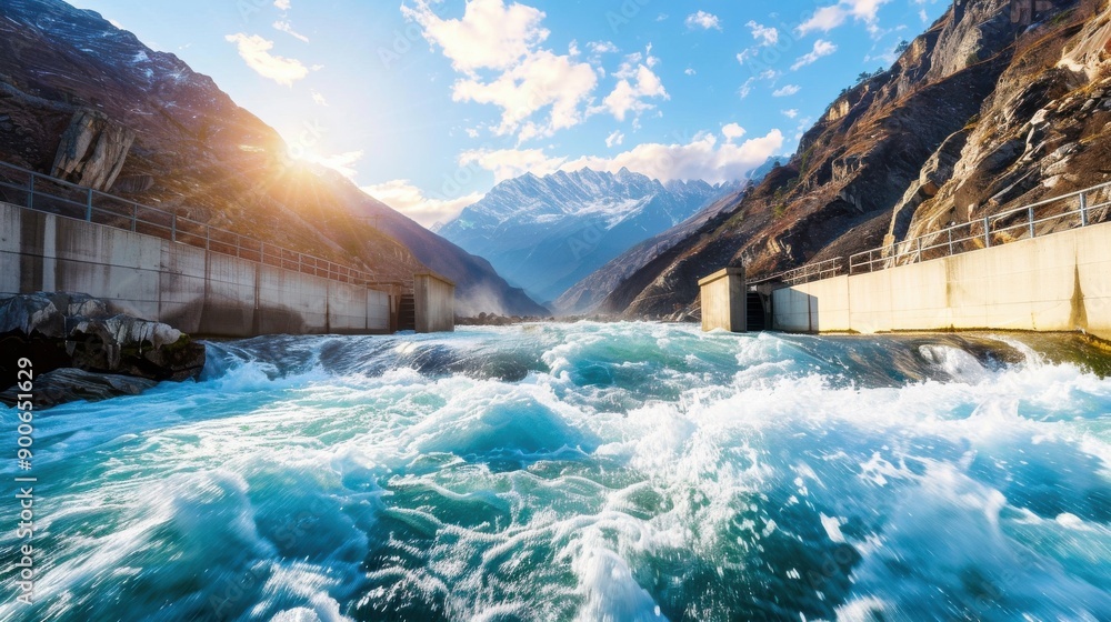 Poster hydro turbine generating power in a mountain stream, renewable and efficient.