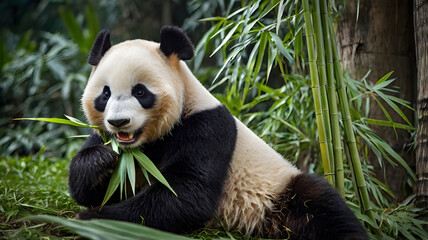 Obraz premium Ocean Park's Star Attraction. Giant Panda and Bamboo Leaves