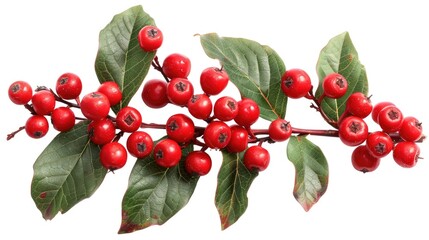A vibrant cluster of red berries with green leaves, ideal for seasonal decorations and nature-themed designs.