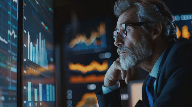 Businessman discussing long-term investments with financial data visualization growth forecasts