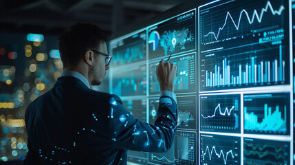 Businessman leading a discussion on market trends with graphical analysis economic outlooks