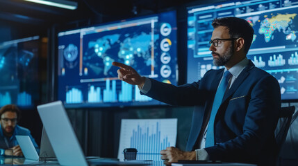 Businessman leading a session on financial risk management with data visuals investment analysis