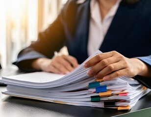 Businesswoman hands working in Stacks of paper files for searching information on work desk in the office