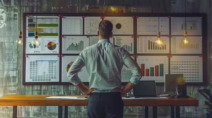 Businessman preparing for a strategy session with comprehensive data charts investment analysis