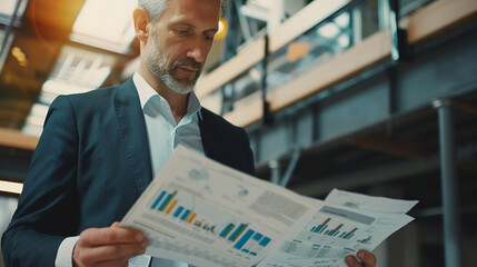 Businessman reviewing investment opportunities with graphical financial analysis growth projections