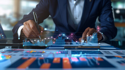 Businessman reviewing strategic financial plans with investment graphs profitability metrics