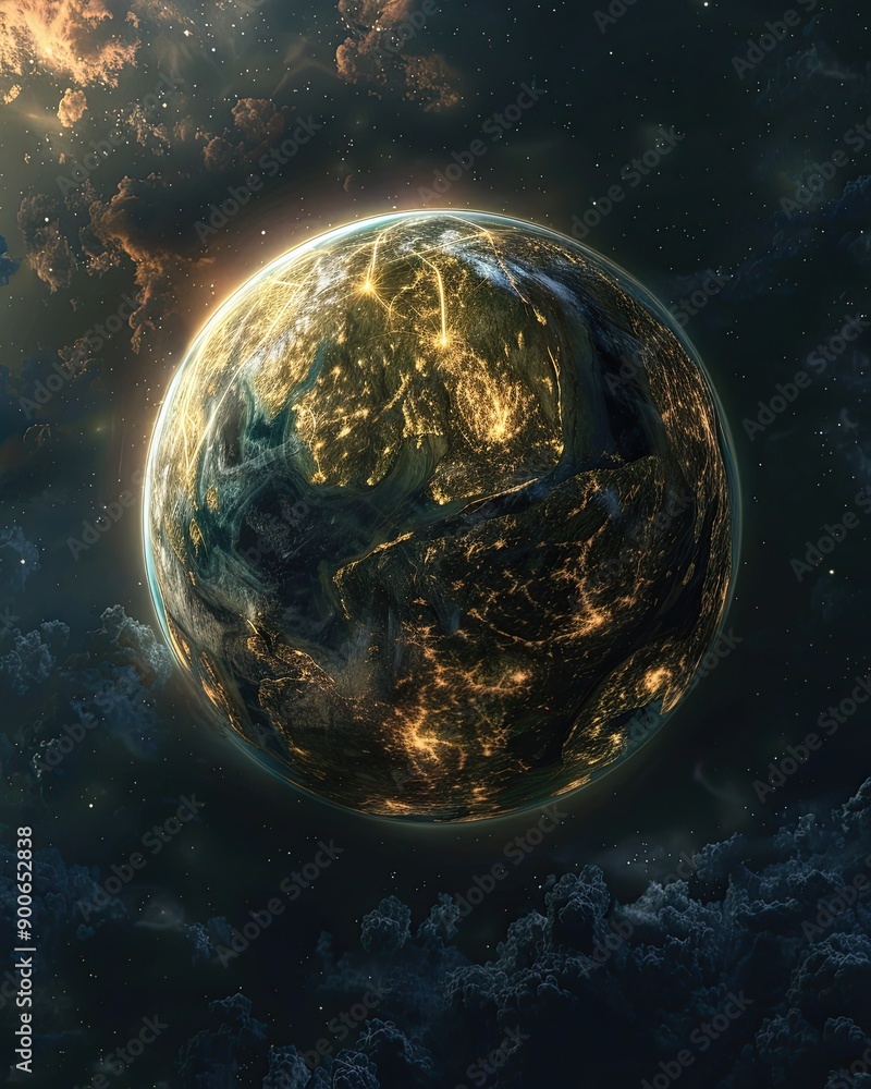 Poster ethereal bridges of light connect floating landmasses on a starry planet at dusk
