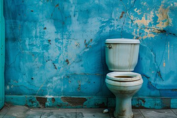 Old, neglected toilet stands solitary against a cracked and peeling vibrant blue wall