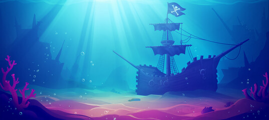The underwater world with wood Wreck pirate ship isolation, game background, Illustration 