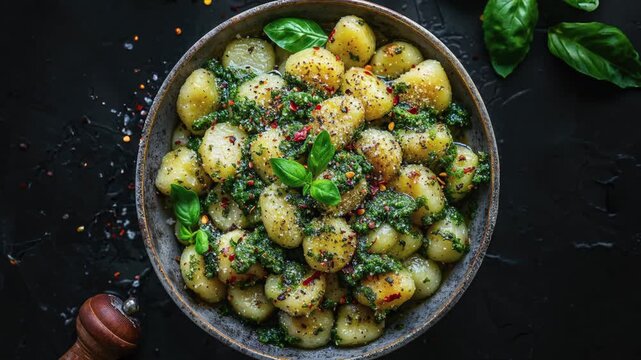 Delicious Gnocchi With Pesto Sauce, Basil, And Garlic
