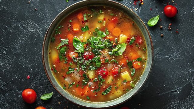 Delicious Homemade Vegetable Soup With Fresh Herbs and Tomatoes