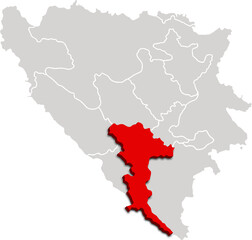 Obraz premium HERZEGOVINA NERETVA map administrative division of BOSNIA AND HERZEGOVINA 3d isometric map