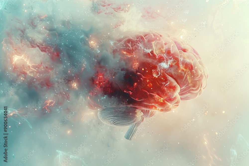 Poster abstract brain explosion with glowing particles and energy in digital background