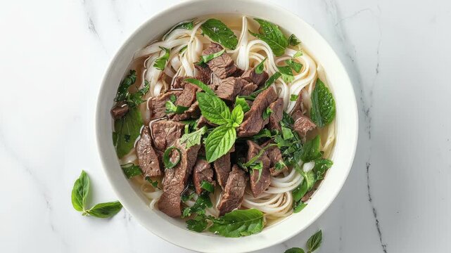 Vietnamese Pho Bo with Beef, Rice Noodles, and Fresh Herbs