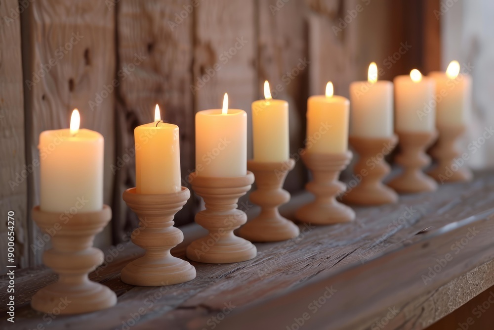 Poster serene display of multiple candles with a warm glow on a rustic wood backdrop