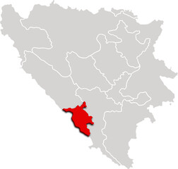 Obraz premium WEST GERZEGOVINA map administrative division of BOSNIA AND HERZEGOVINA 3d isometric map