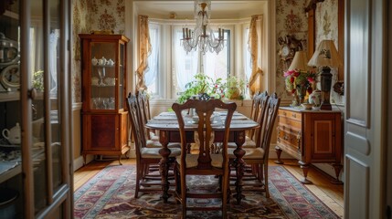 A classic dining room with a wooden table and chairs, a rug, a chandelier, and floral wallpaper.