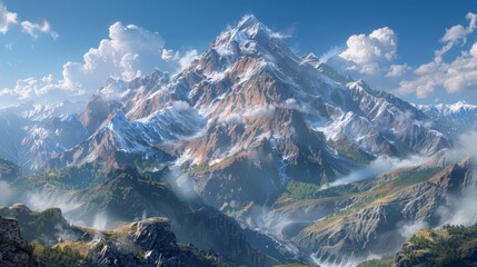 Naklejka premium A majestic snow-capped mountain peak rises above a valley filled with lush vegetation and cascading waterfalls under a bright blue sky.