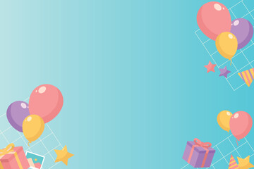 Copy Space Birthday Party Background Banner with Balloons, Stars, and Gift Box Vector Flat Illustration