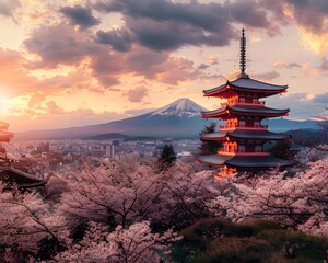 Obraz premium Japan's Chureito red Pagoda and Mount Fuji in Fujiyoshida, Japan Generative ai