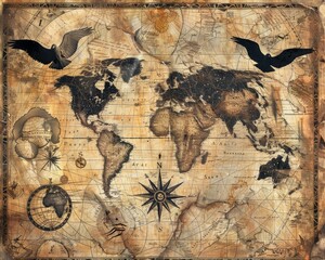 An aged, worn world map with a compass and bats, suggesting adventure and exploration.