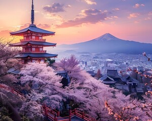 Obraz premium Japan's Chureito red Pagoda and Mount Fuji in Fujiyoshida, Japan Generative ai