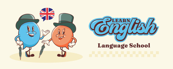 Vector English Talk Language Learning Group of British Gentleman Characters in Hats Illustration Banner. Groovy Cartoon Speech Bubbles Conversation Chat Message London Speak Personage Isolated