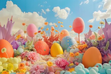 Vibrant easter eggs nestled among fresh spring flowers under a sunny blue sky with clouds