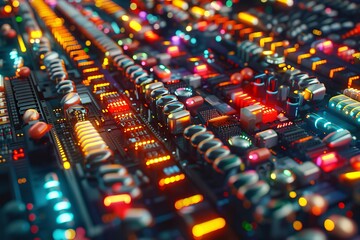 Top down view of a congested city street with futuristic glowing vehicles