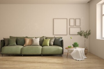 White living room with sofa. Scandinavian interior design. 3D illustration