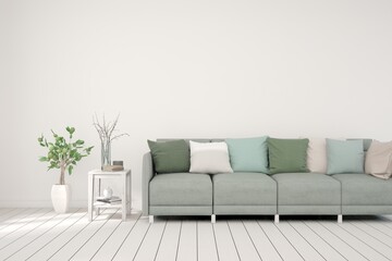 White living room with sofa. Scandinavian interior design. 3D illustration