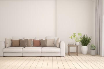 White living room with sofa. Scandinavian interior design. 3D illustration