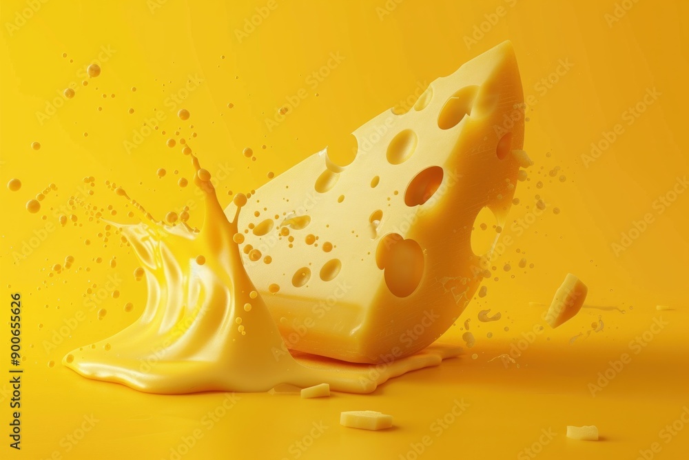 Poster dynamic image of a swiss cheese wedge causing a splash in milk with a vibrant yellow backdrop