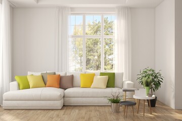 White living room with sofa and summer landscape in window. Scandinavian interior design. 3D illustration