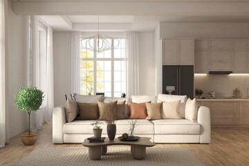 White living room with sofa. Scandinavian interior design. 3D illustration